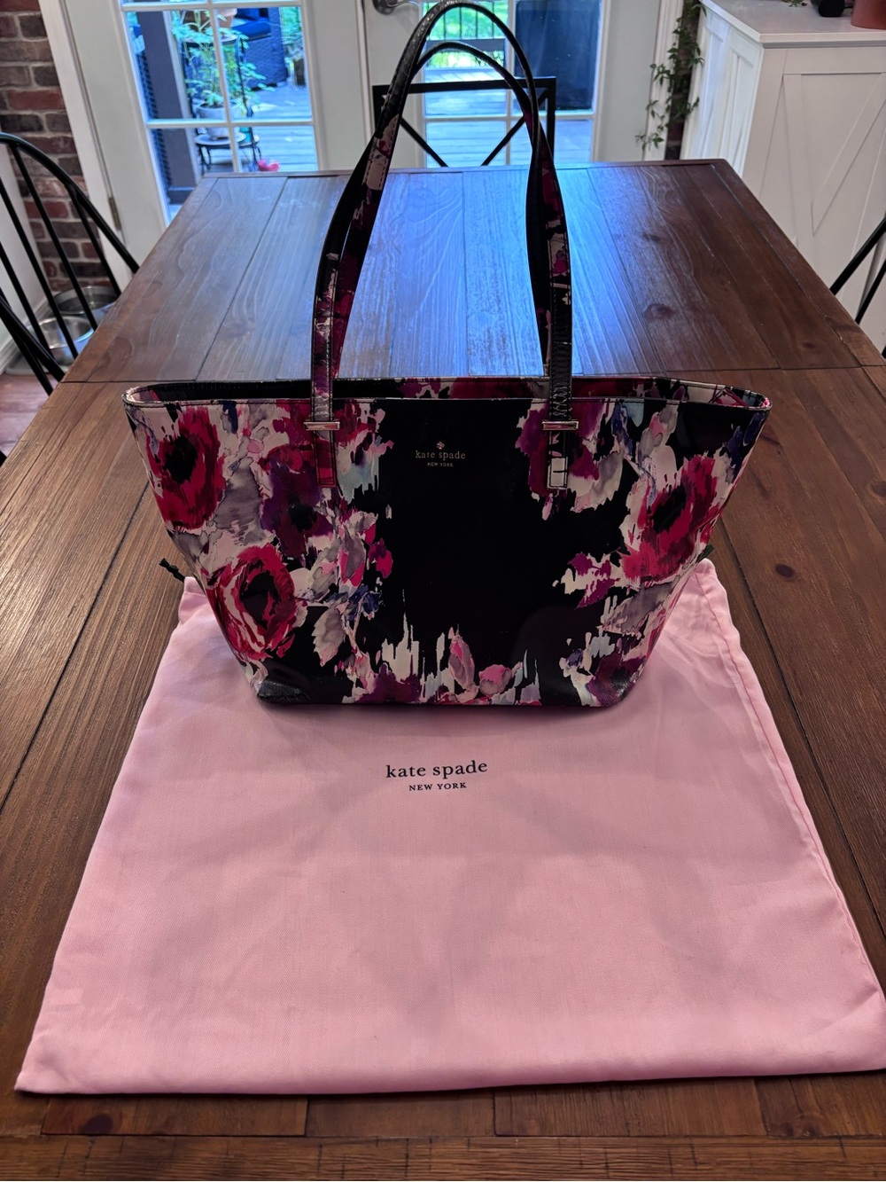 kate spade Black Floral Tote with Pink & Purple Accents